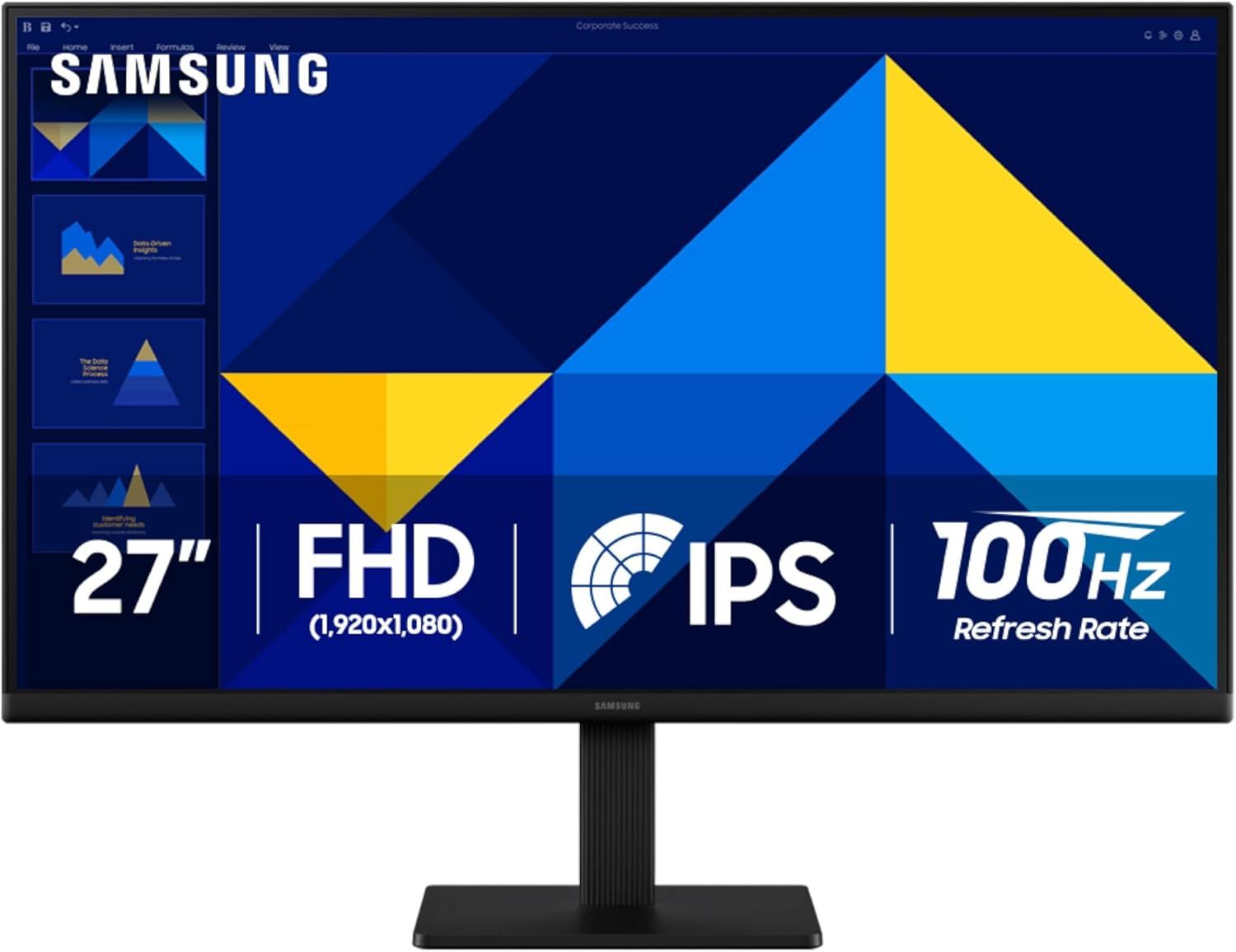Displays the Samsung monitor as the core product while highlighting its key technical specifications: screen size, resolution, panel type, and refresh rate to help shoppers quickly assess if it…