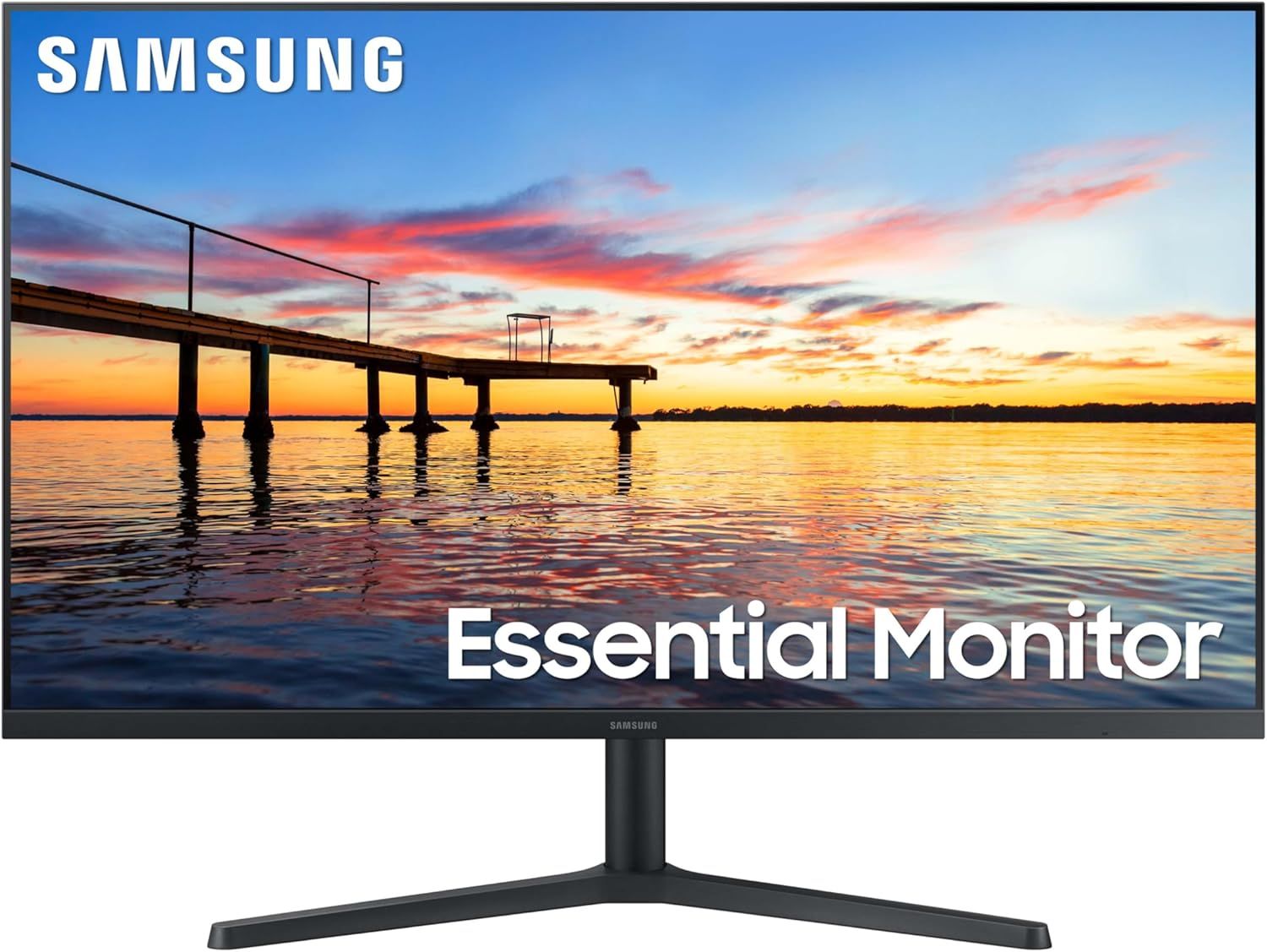 Shows the Samsung Essential Monitor displaying a vibrant, high-quality sunset scene to communicate the monitor's visual performance and color reproduction capabilities. Uses a clean white background…