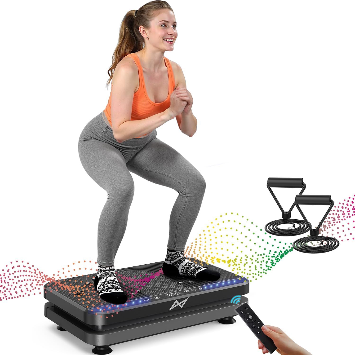 Shows a person actively using the vibration plate to demonstrate proper form, scale, and how the product fits into a workout routine, helping shoppers visualize themselves using it. Demonstrates the…