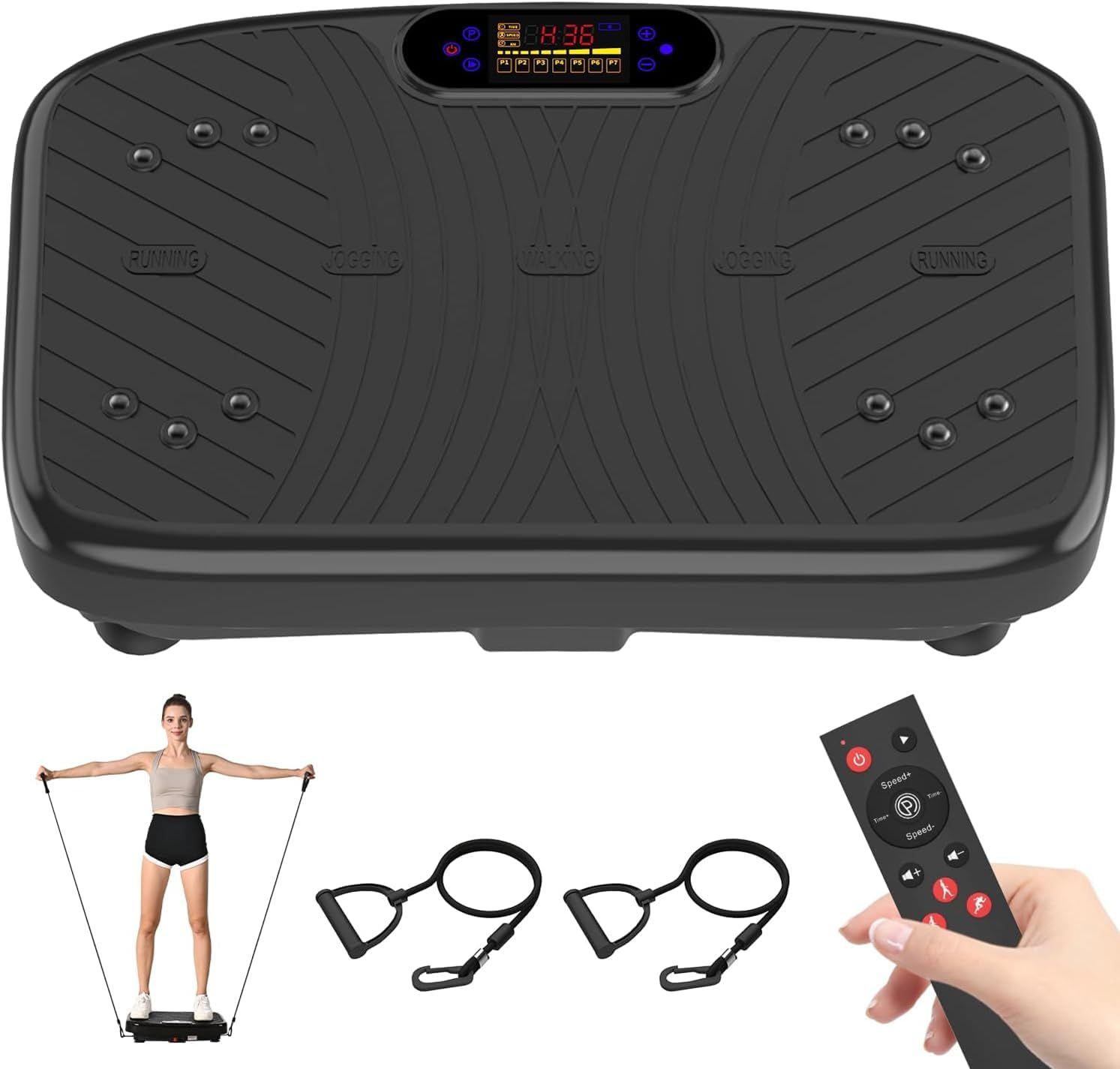 Shows the core product, a vibration plate fitness machine with digital control panel, to communicate what the buyer will receive. Demonstrates that the purchase includes bonus accessories like…