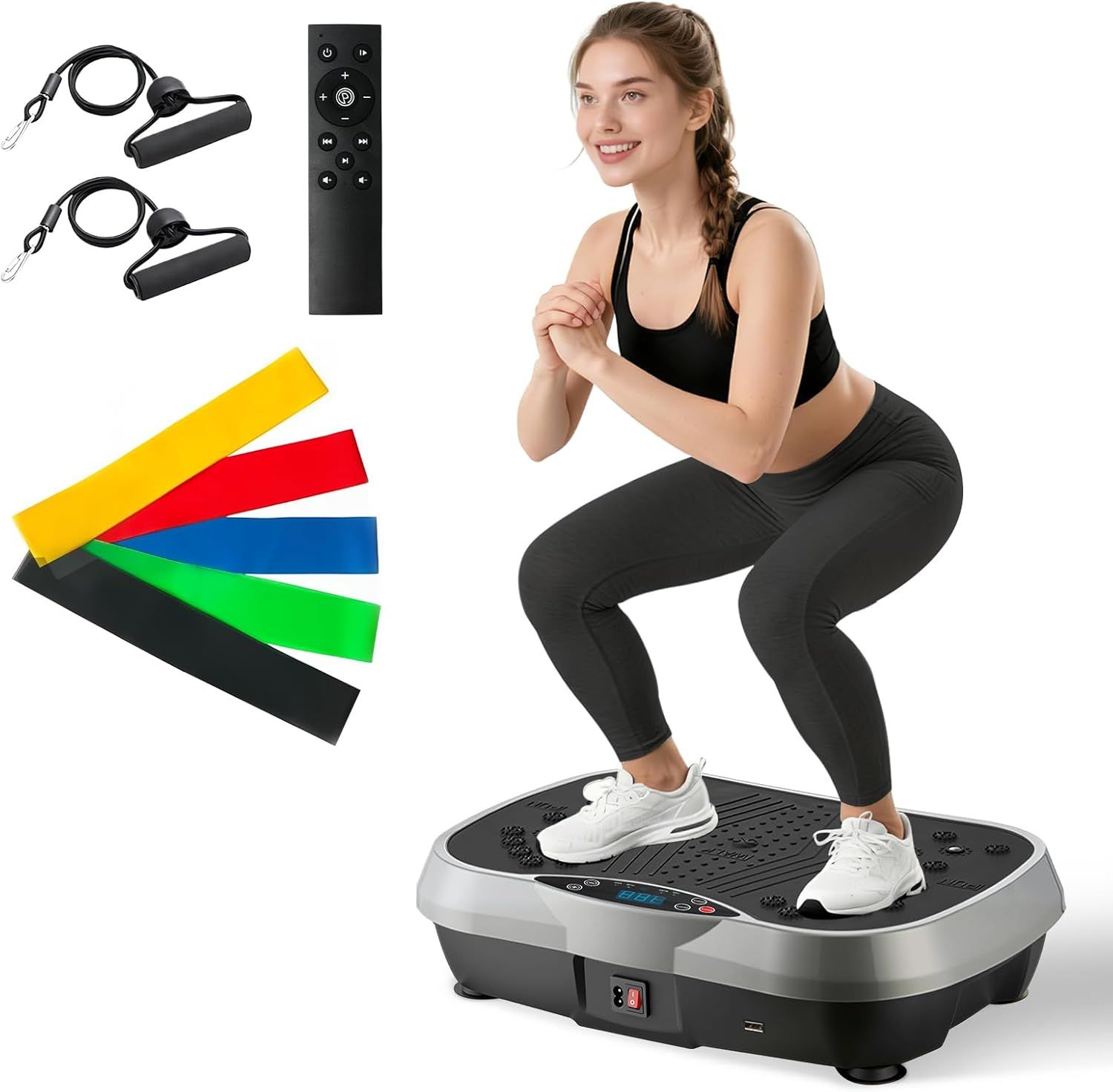 Shows the complete fitness package with all included accessories (resistance bands, remote control, jump ropes) to communicate the comprehensive value and versatility of the vibration platform…