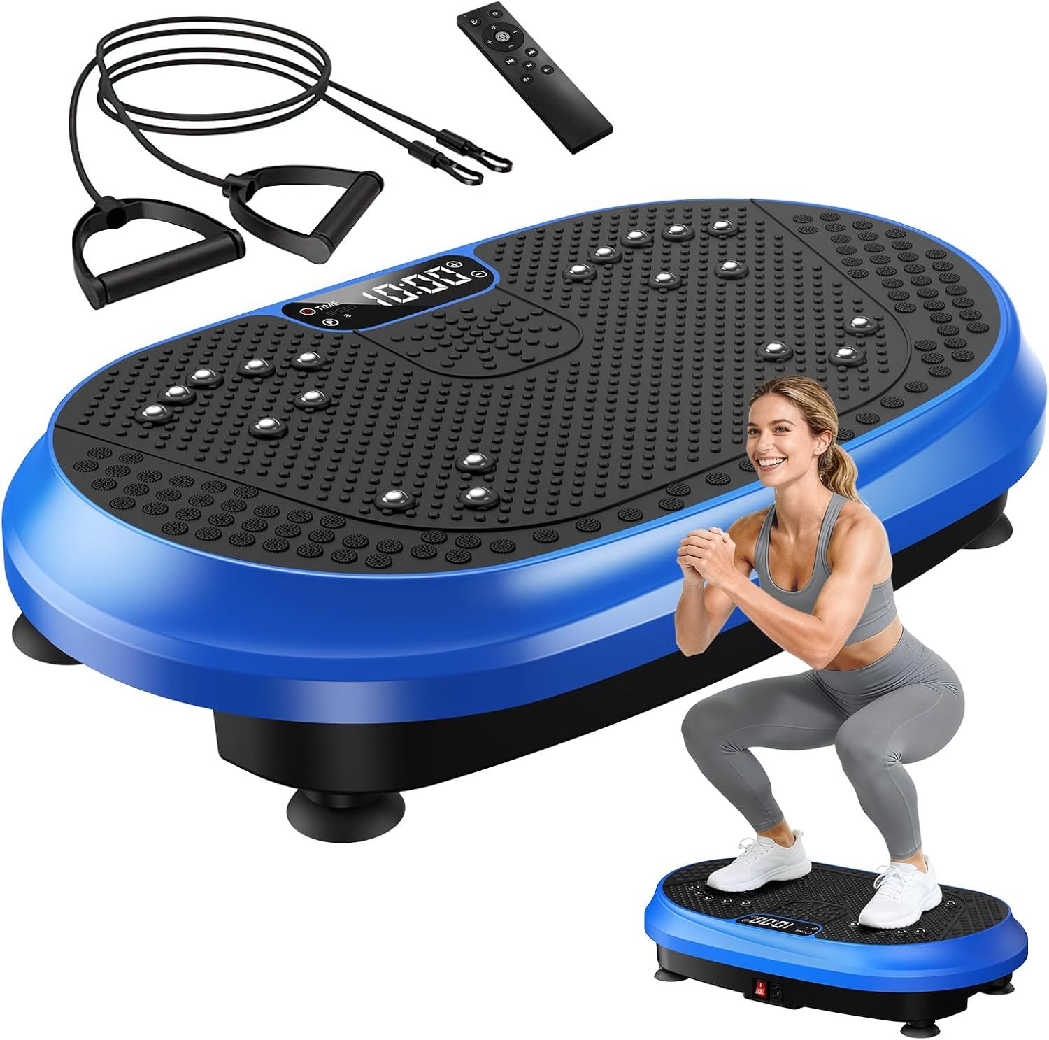 Shows the core product (vibration plate) along with all included accessories (resistance bands and remote control) to communicate the complete package the buyer will receive. Displays the included…