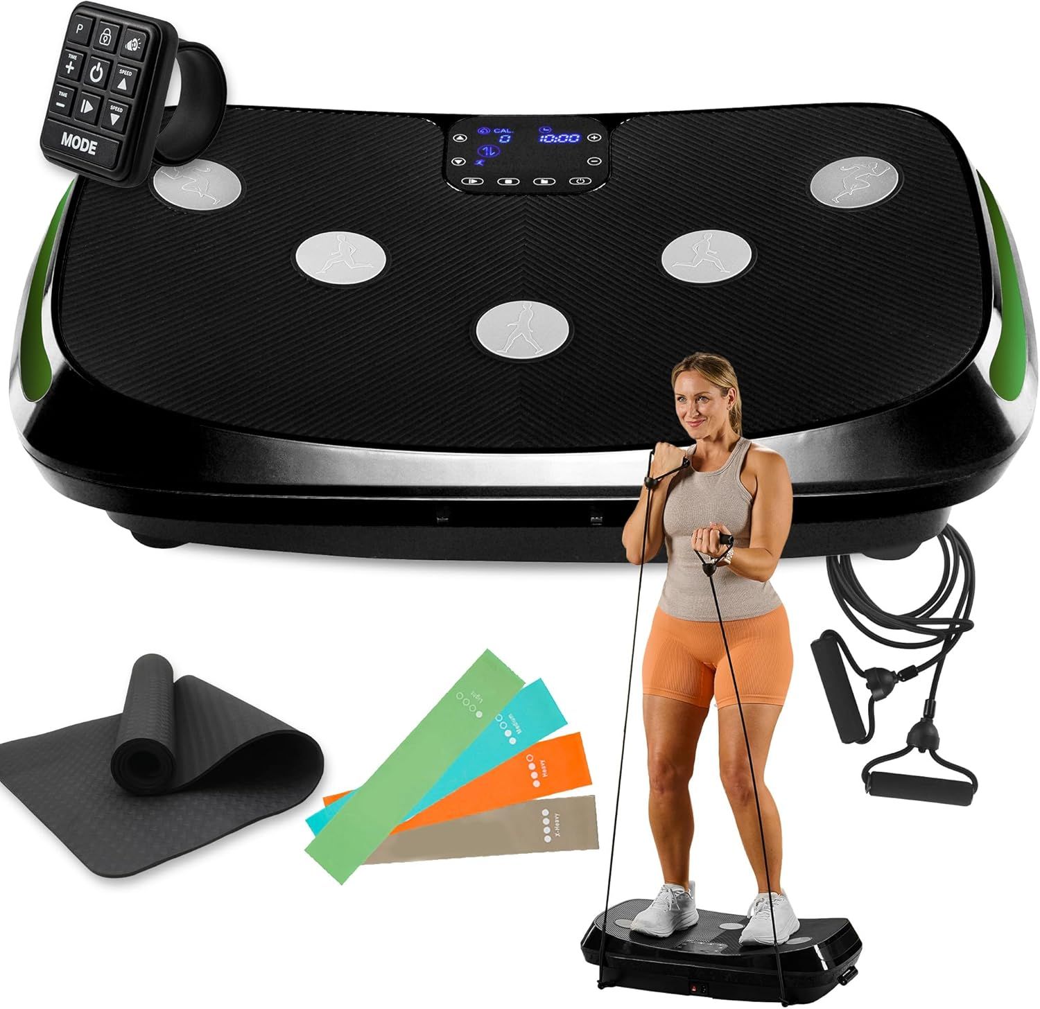 Shows the core vibration plate fitness machine with its key features including digital controls, textured platform, and remote control to communicate the complete product offering. Displays all…