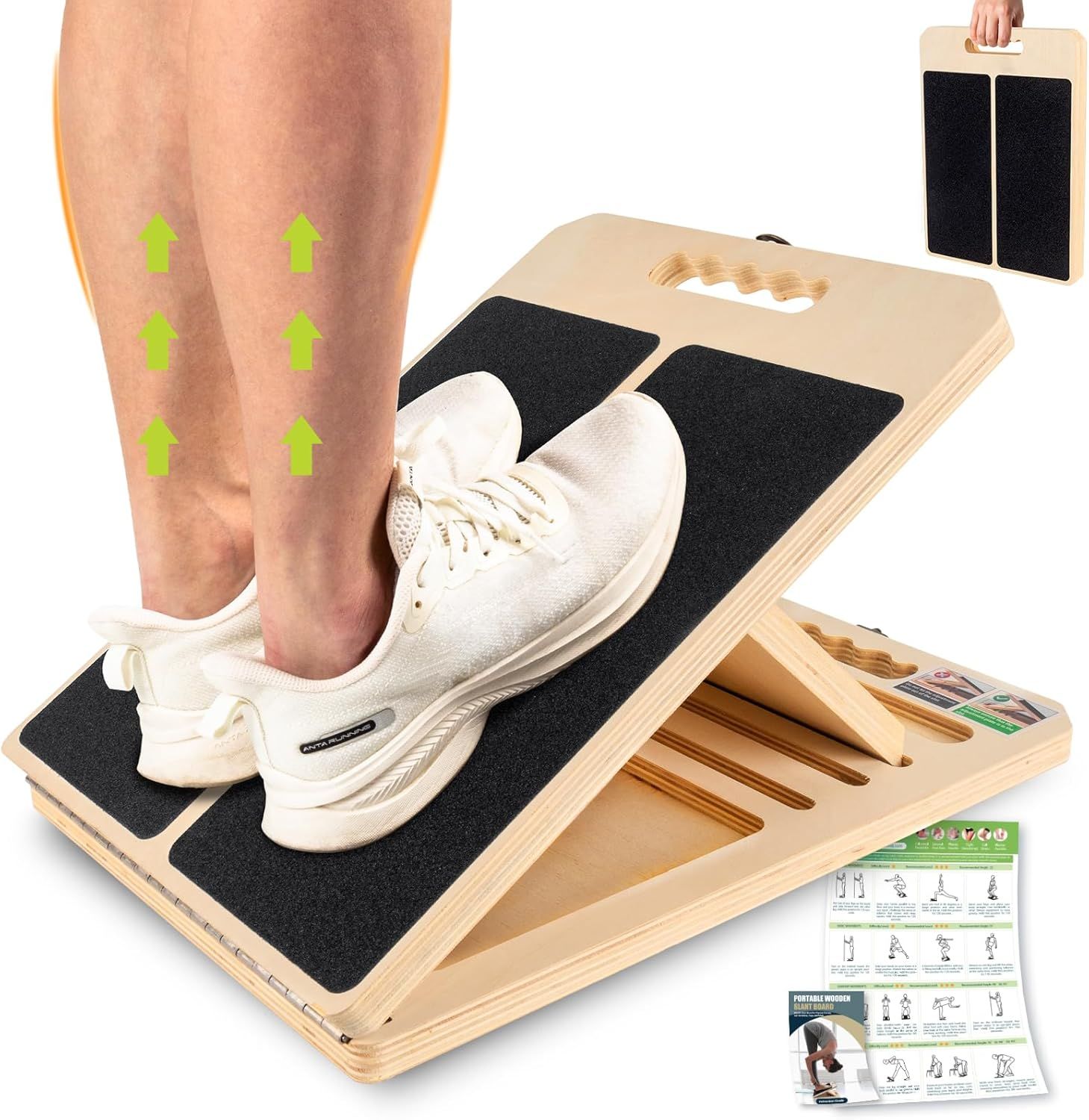 Demonstrates how the product works as an adjustable incline board for calf stretching and leg exercises, showing the product in use with green arrows indicating the stretching benefit. Shows the…