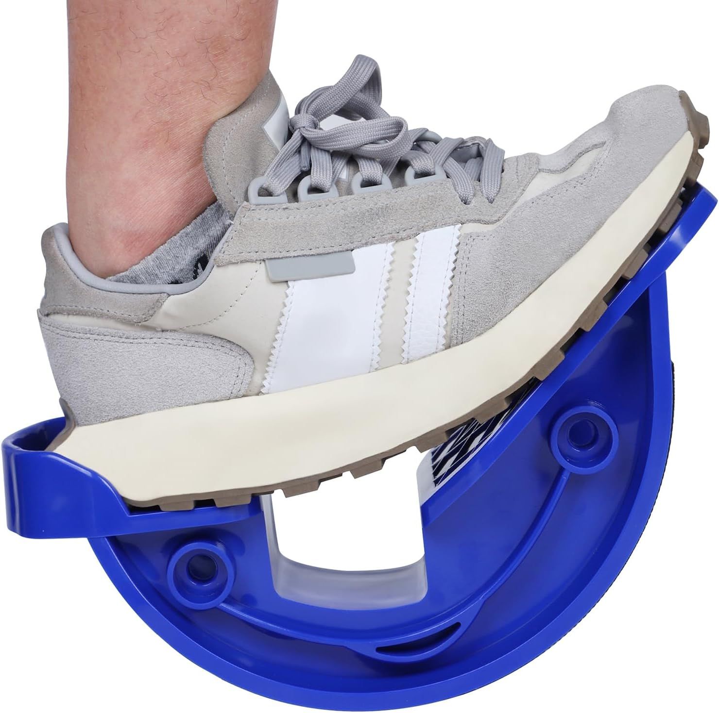 Shows a person wearing the shoe on the stretching device to demonstrate proper fit, scale, and how the product is used in real-world context. Demonstrates the product actively performing its…