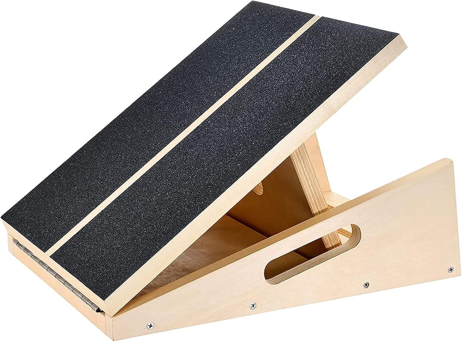 Shows the core product, an adjustable wooden slant board with non-slip grip surface, to communicate its design and construction to shoppers. Demonstrates the product's adjustable angle feature by…