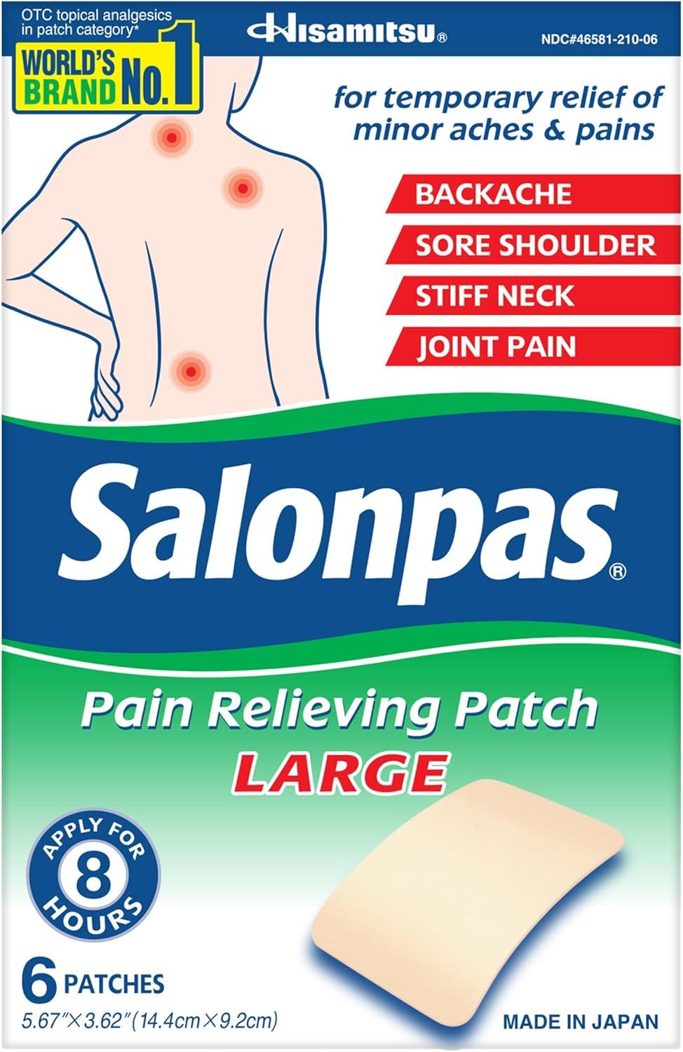 Displays the core product packaging showing the pain relieving patches and communicates key benefits including size, duration, and multiple pain applications to help shoppers understand what they…