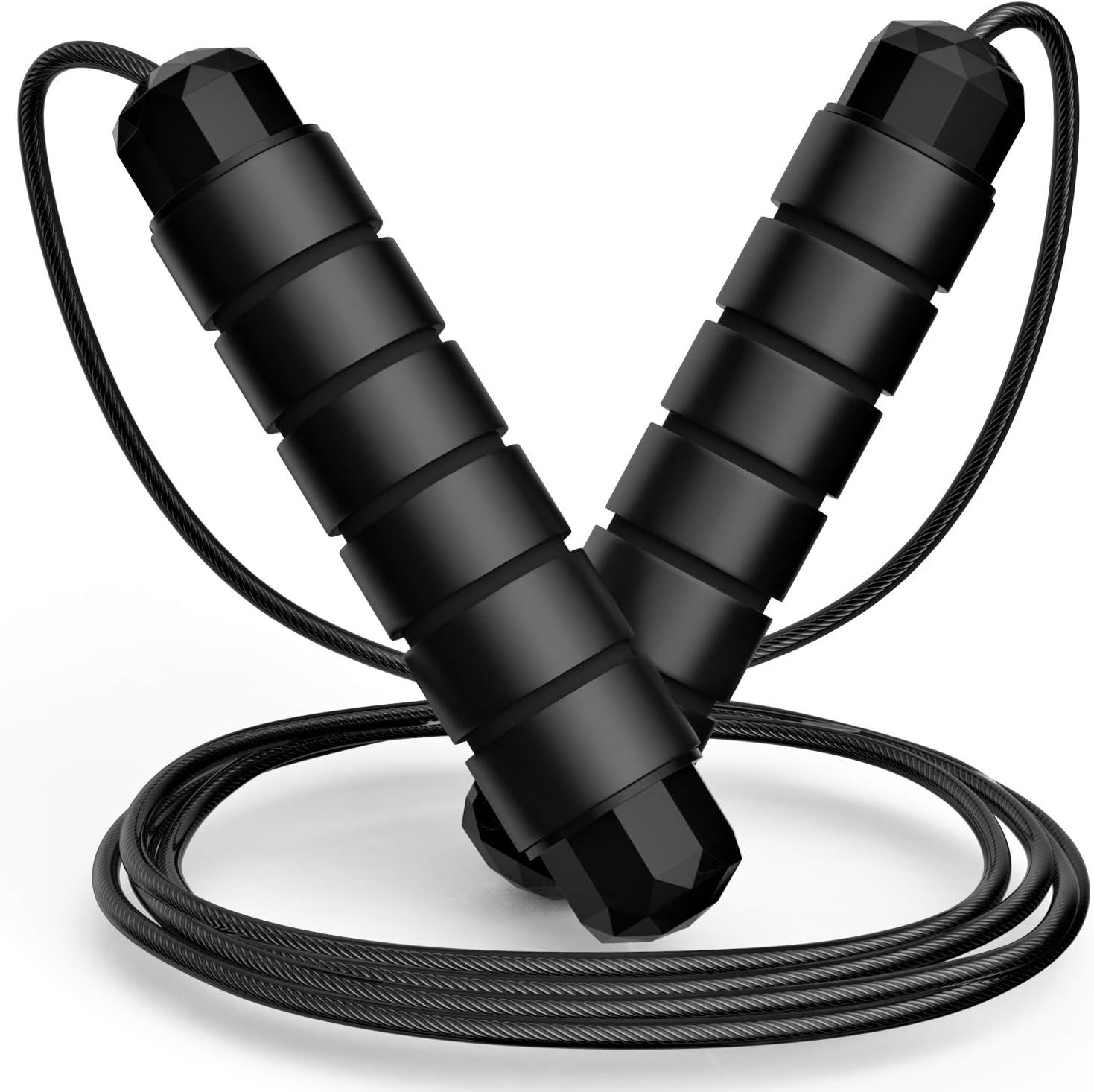 Displays the jump rope product clearly on a clean white background to showcase its sleek black design, weighted handles with faceted caps, and textured cable construction.