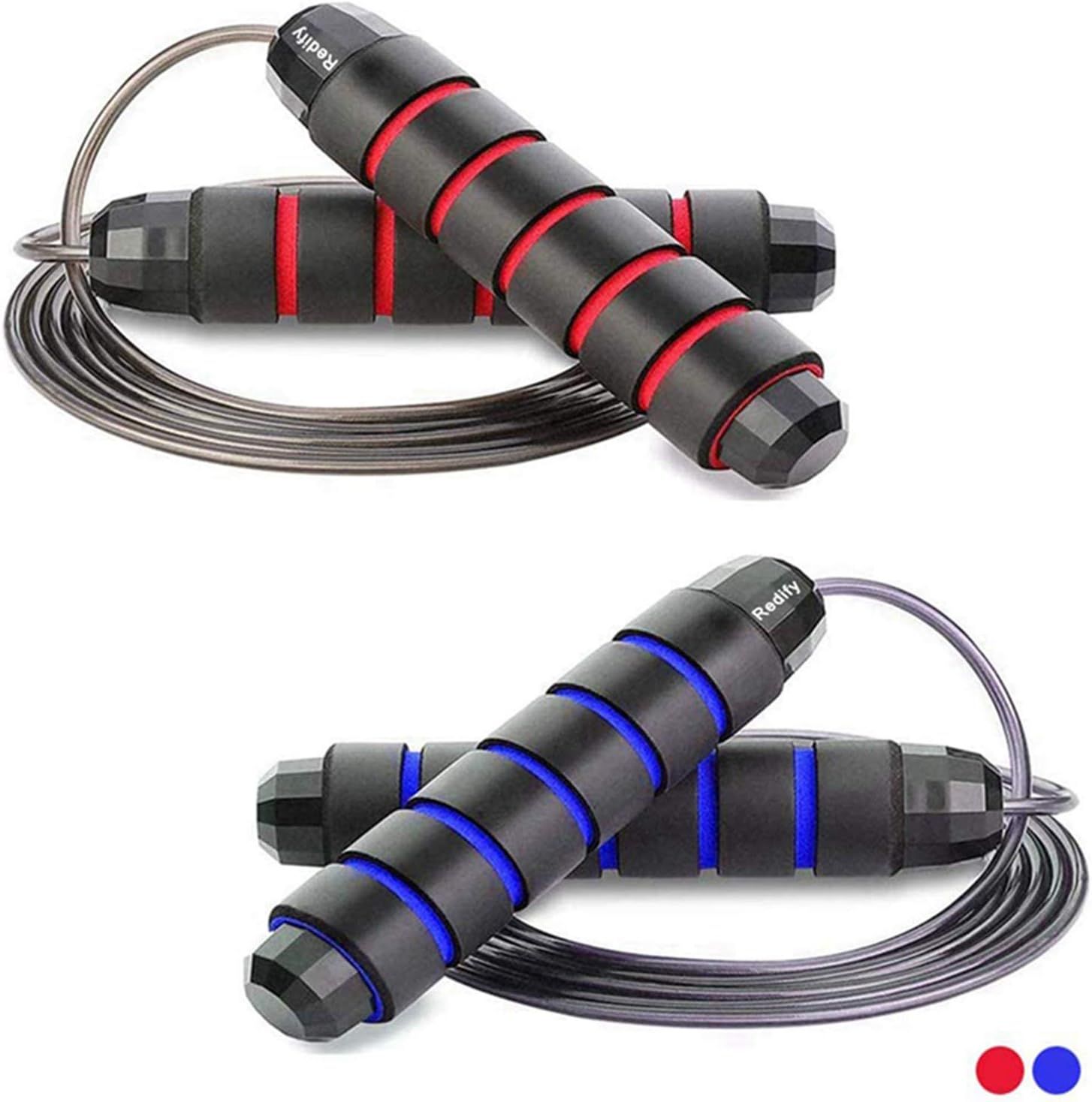 Displays the jump rope product in two color options (red and blue accents) to show shoppers the available choices and the product design clearly on a white background. Shows two selectable color…