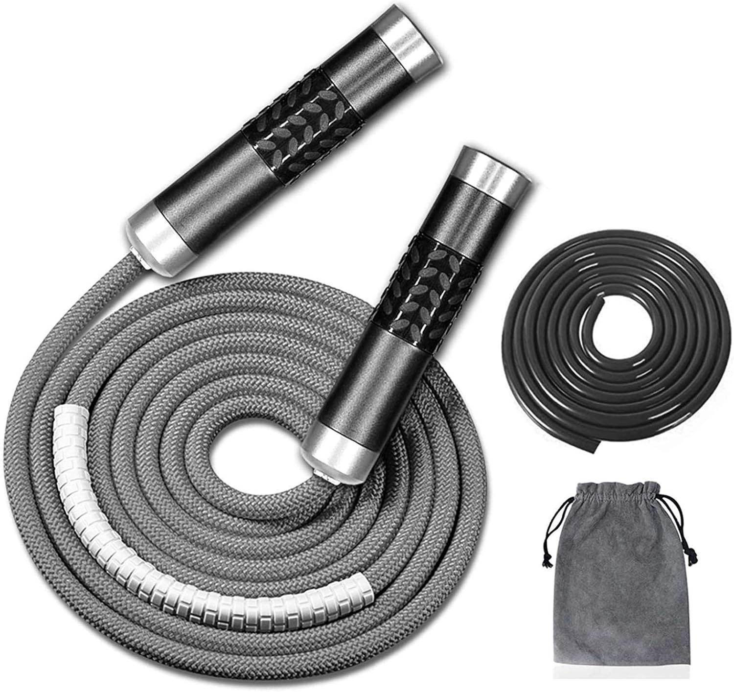 Shows the jump rope with included accessories (replacement rope and storage pouch) to communicate the complete value of the purchase and reassure shoppers they have everything needed. Displays the…
