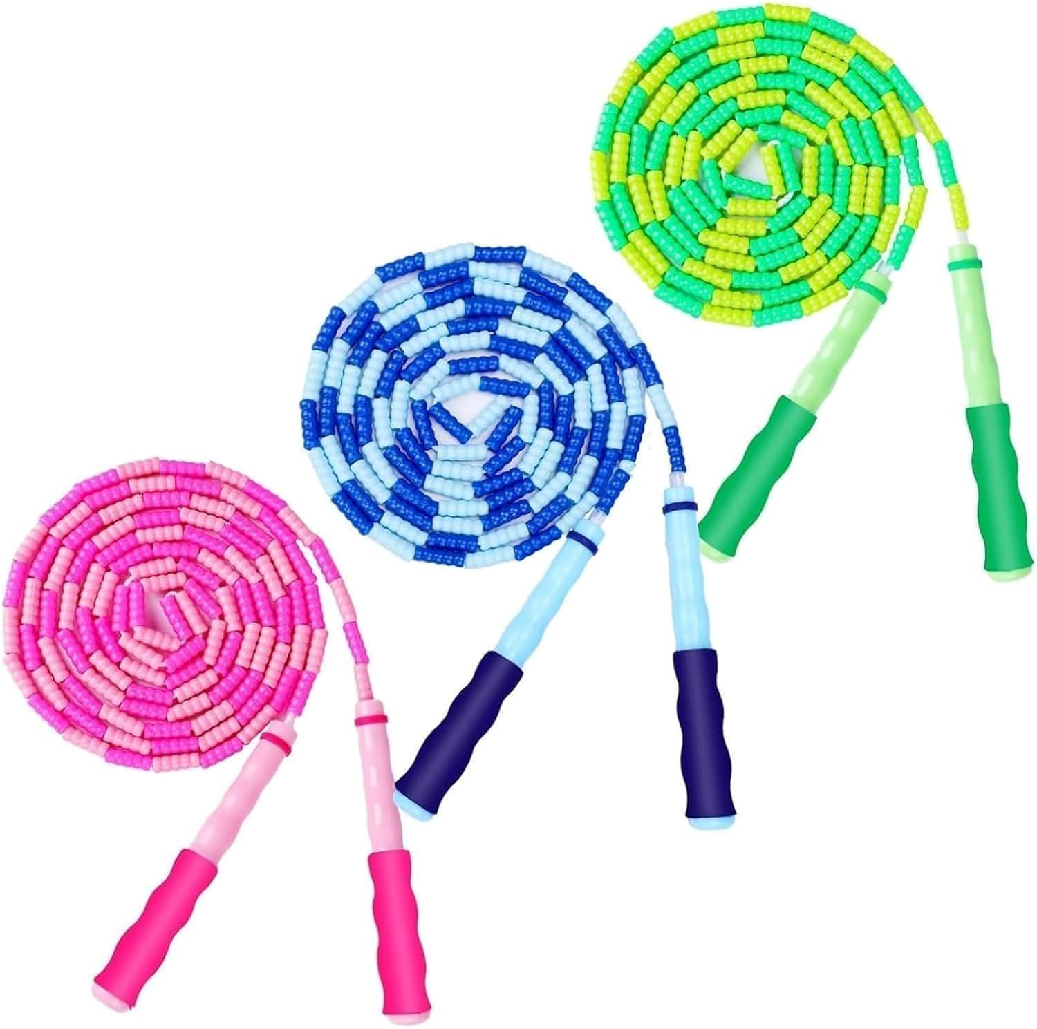 Displays the core product (beaded jump ropes) clearly on a white background to show shoppers exactly what they will receive. Shows three distinct color variants (pink, blue, and green) to…