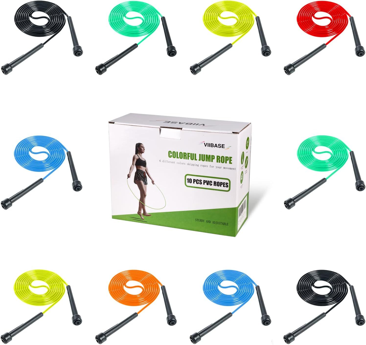 Shows shoppers the variety of color choices available for the jump ropes, helping them understand they can select their preferred color option. Displays the retail packaging to show shoppers what…