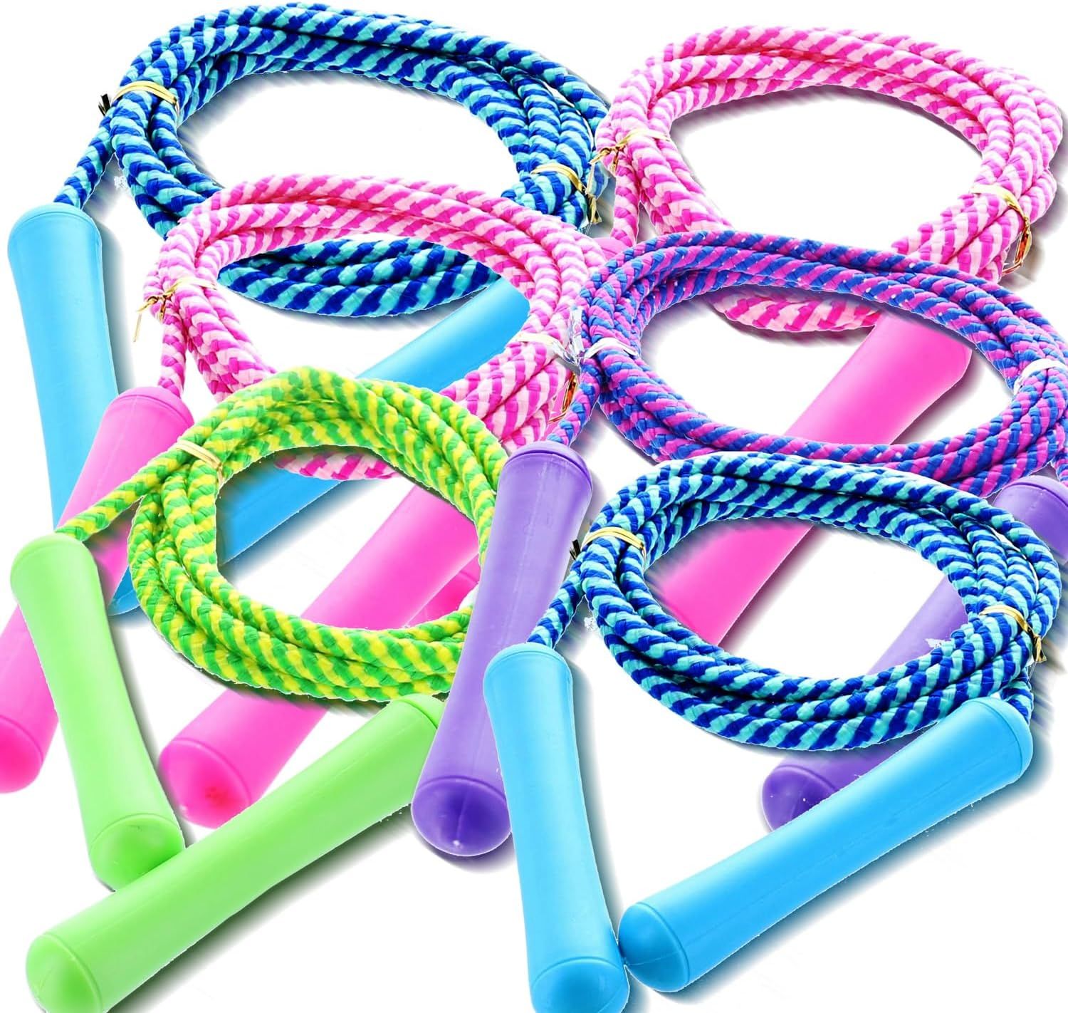 Displays the core product—jump ropes with colorful braided ropes and plastic handles—clearly on a white background to show shoppers exactly what they will receive. Shows multiple color options…