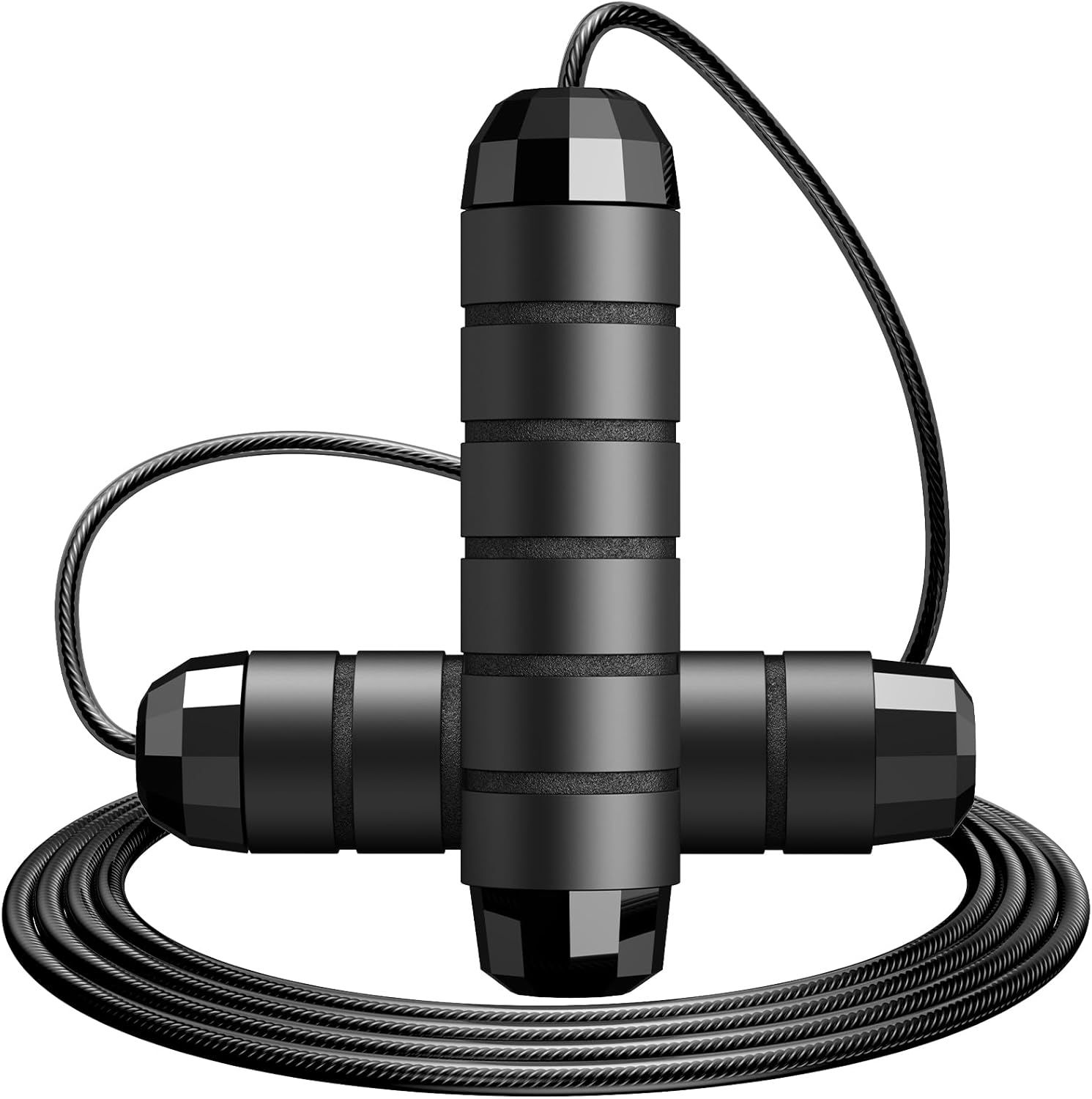 Displays the core product clearly on a white background to show the weighted jump rope design with textured handles and coiled rope construction.