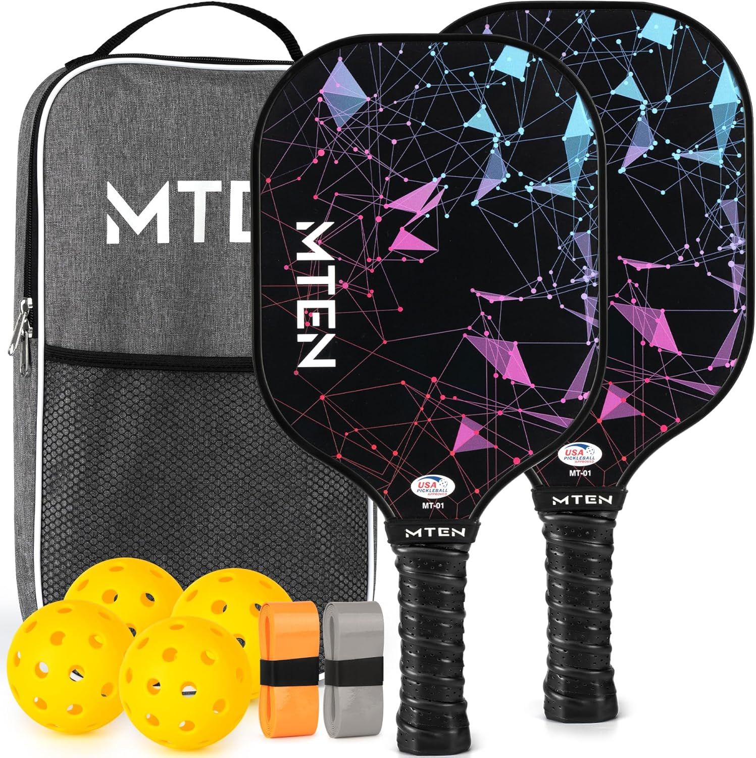 Displays the complete pickleball paddle set including two paddles, balls, carrying case, and accessories to show shoppers everything included in their purchase. Shows all the included accessories…
