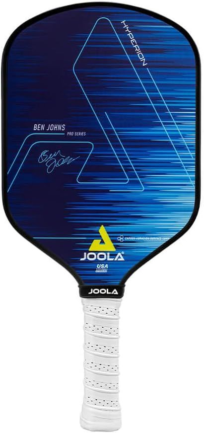 Displays the core product, a JOOLA pickleball paddle with signature branding, to show shoppers exactly what they will receive. Uses dynamic blue speed lines and graphic triangle overlays to create…