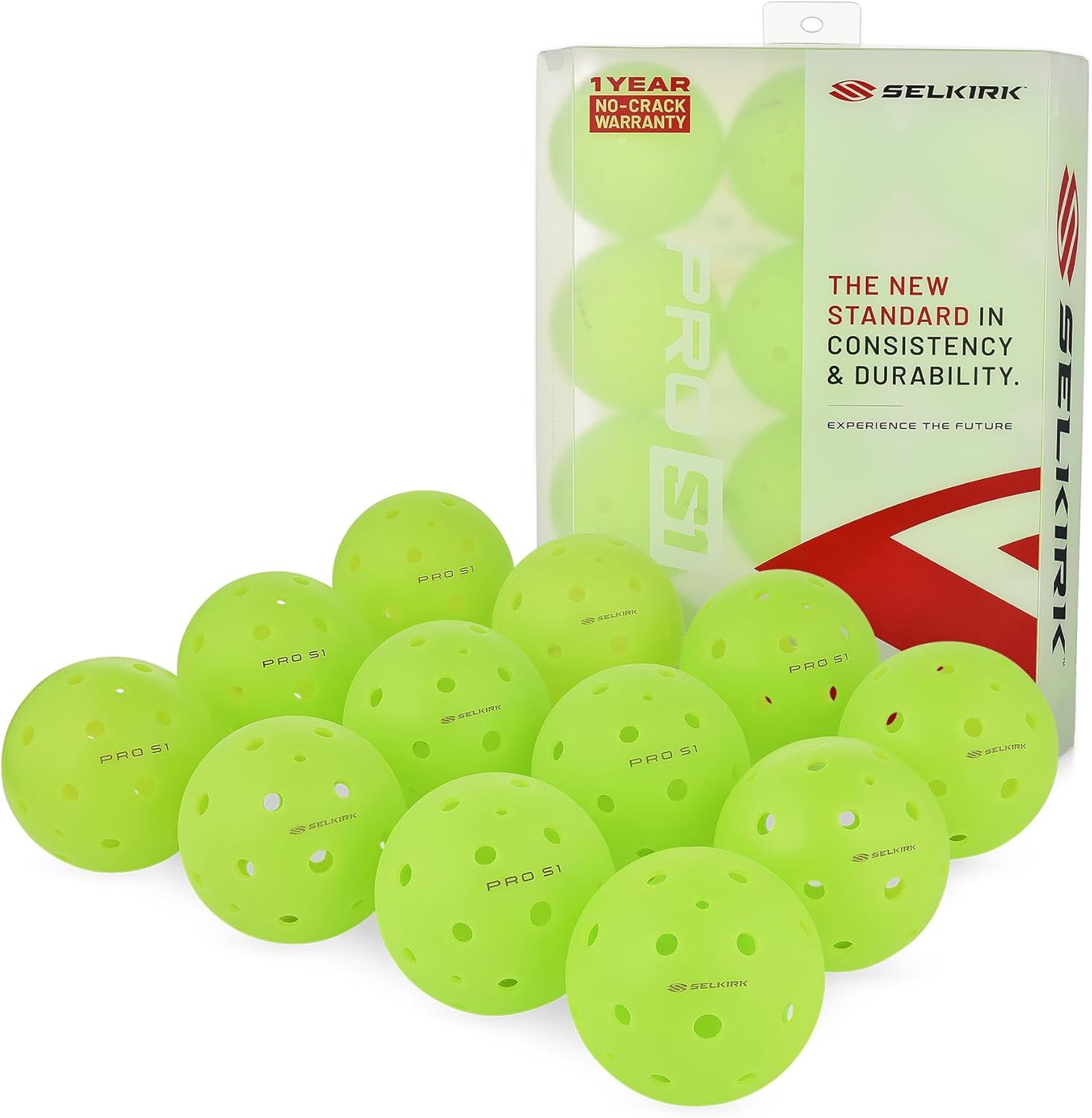 Shows the core product—a set of bright green pickleballs with their retail packaging—to communicate what the buyer will receive and highlight the brand's promise of consistency and durability.…