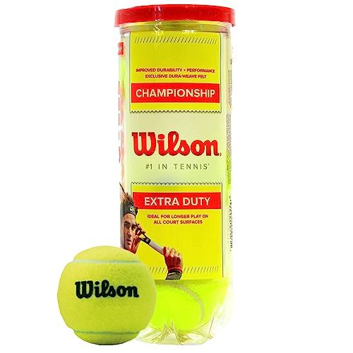 Shows the Wilson Championship Extra Duty tennis balls in their retail canister alongside loose balls to clearly display the product and its packaging, helping shoppers identify what they will…