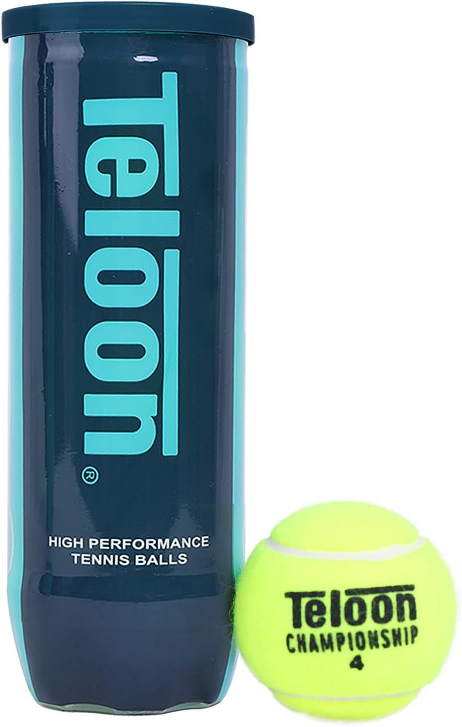 Displays the core product clearly - a canister of Teloon Championship tennis balls with one ball shown outside the container to communicate what is being sold. Shows the retail packaging that the…
