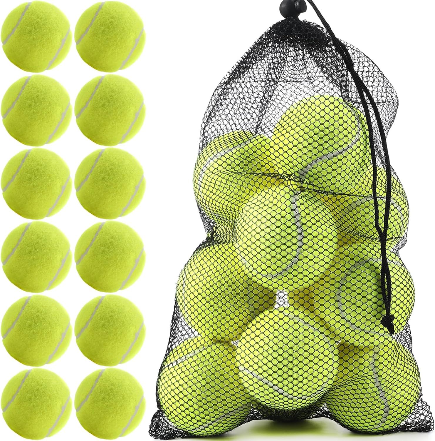 Shows the complete product offering of tennis balls in bulk quantity with included mesh carrying bag for convenient storage and transport. Demonstrates that the purchase includes both the tennis…