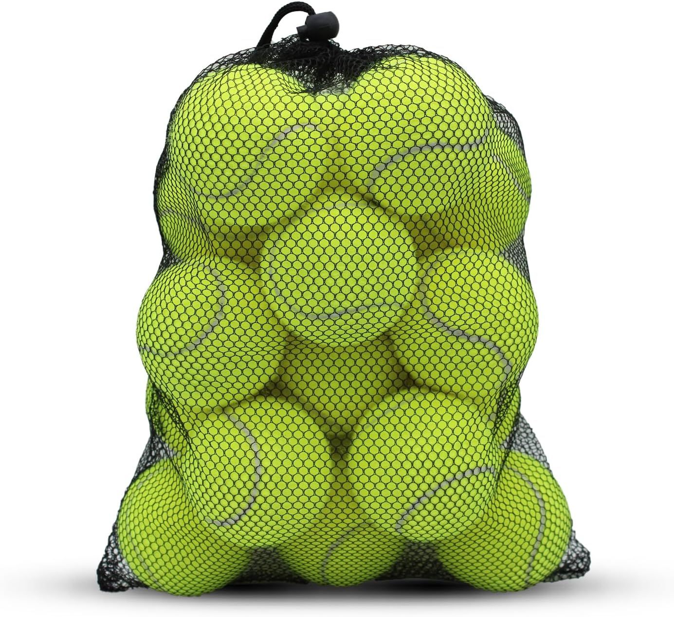 Shows the core product - a collection of tennis balls packaged in a black mesh drawstring bag, allowing shoppers to see the quantity and condition of the balls clearly. Demonstrates how the tennis…
