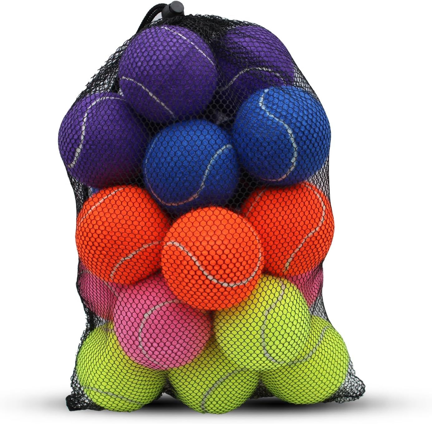 Shows the complete set of colorful tennis balls included in the mesh bag, communicating the quantity and color assortment the buyer will receive. Demonstrates the included mesh bag packaging that…