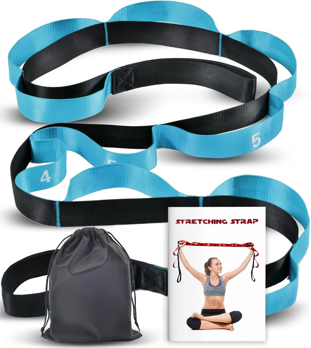 Shows the core product—a stretching strap with numbered loops—along with included accessories (storage bag) to communicate what the buyer receives and how the strap is designed for progressive…