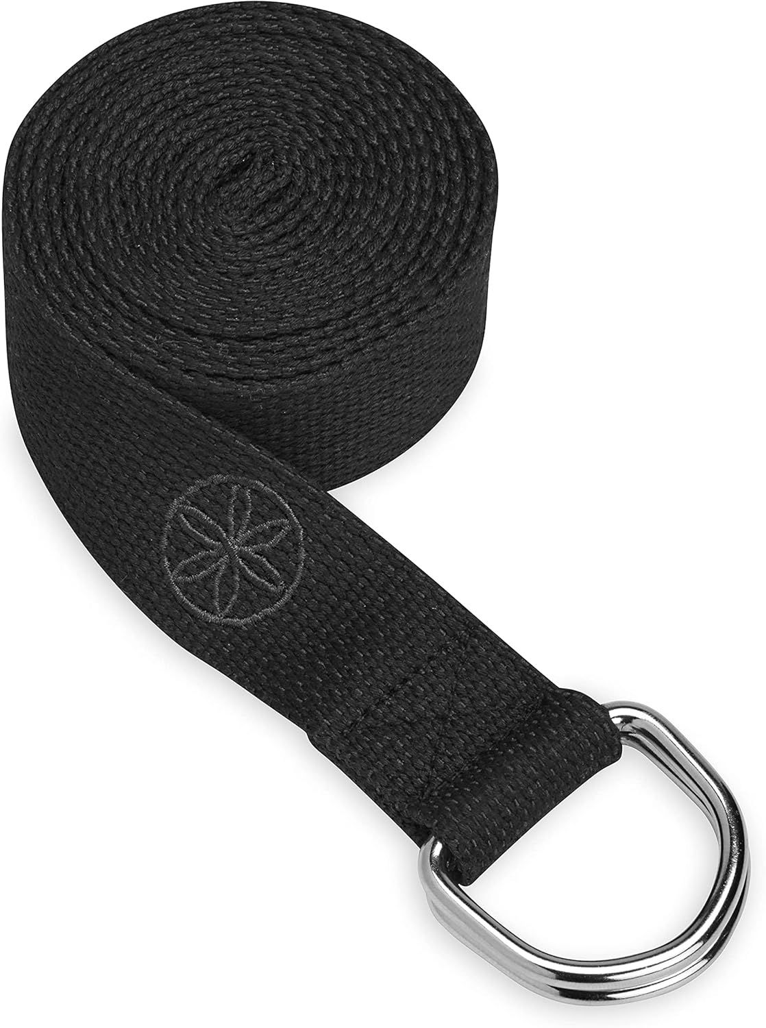 Displays the core product clearly on a white background to show the yoga strap's material, texture, embroidered logo, and metal D-ring hardware, helping shoppers understand what they will receive.