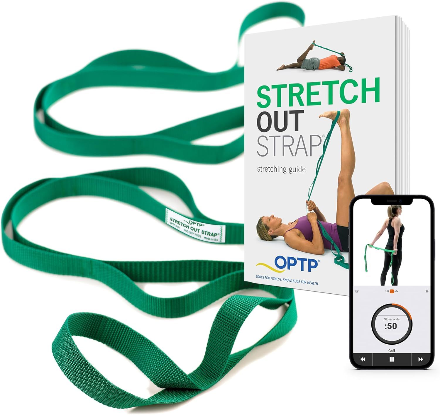 Shows the complete stretching strap product kit including the physical strap, printed stretching guide book, and digital mobile app to communicate the comprehensive fitness solution being offered.…