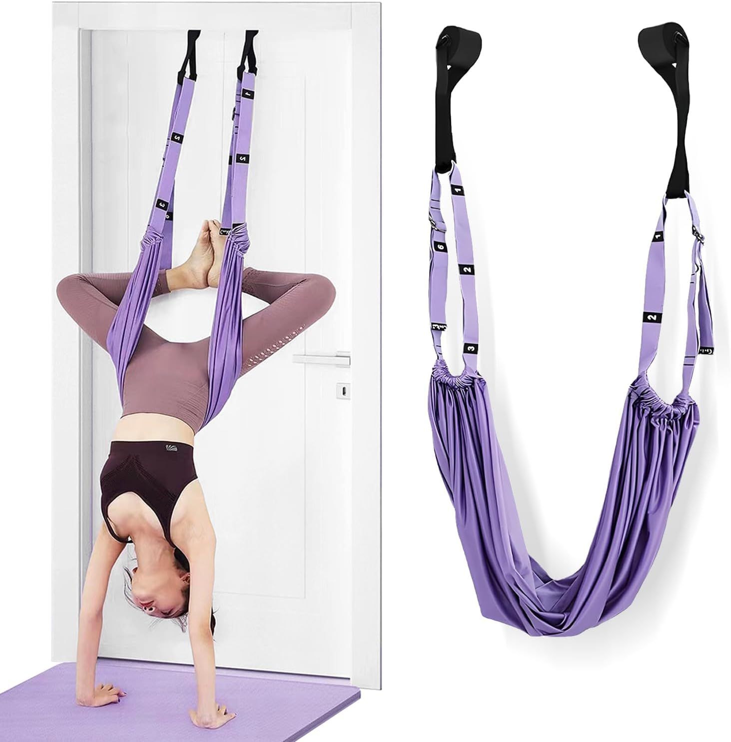 Shows a person actively using the aerial yoga swing to demonstrate how the product functions for inversion exercises and to provide scale and context for potential buyers. Demonstrates the product's…