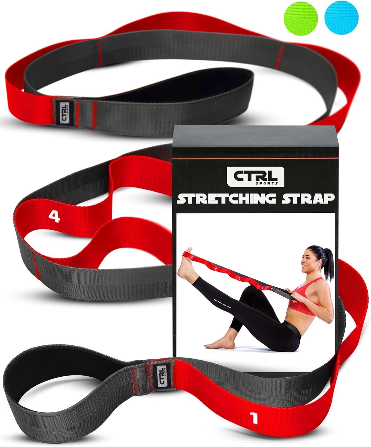 Shows the core product—a set of stretching straps with numbered loops—clearly displayed to communicate what the buyer will receive. Displays the retail packaging to reassure shoppers about the…