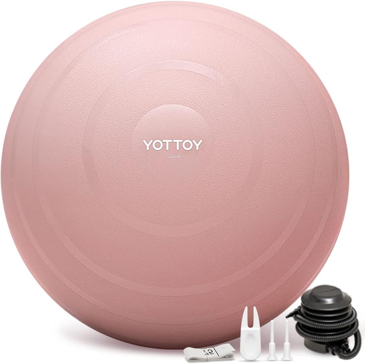 Displays the core product, a pink exercise ball, along with included accessories like a pump and measuring tape to show what the buyer receives. Shows the additional included items such as the air…