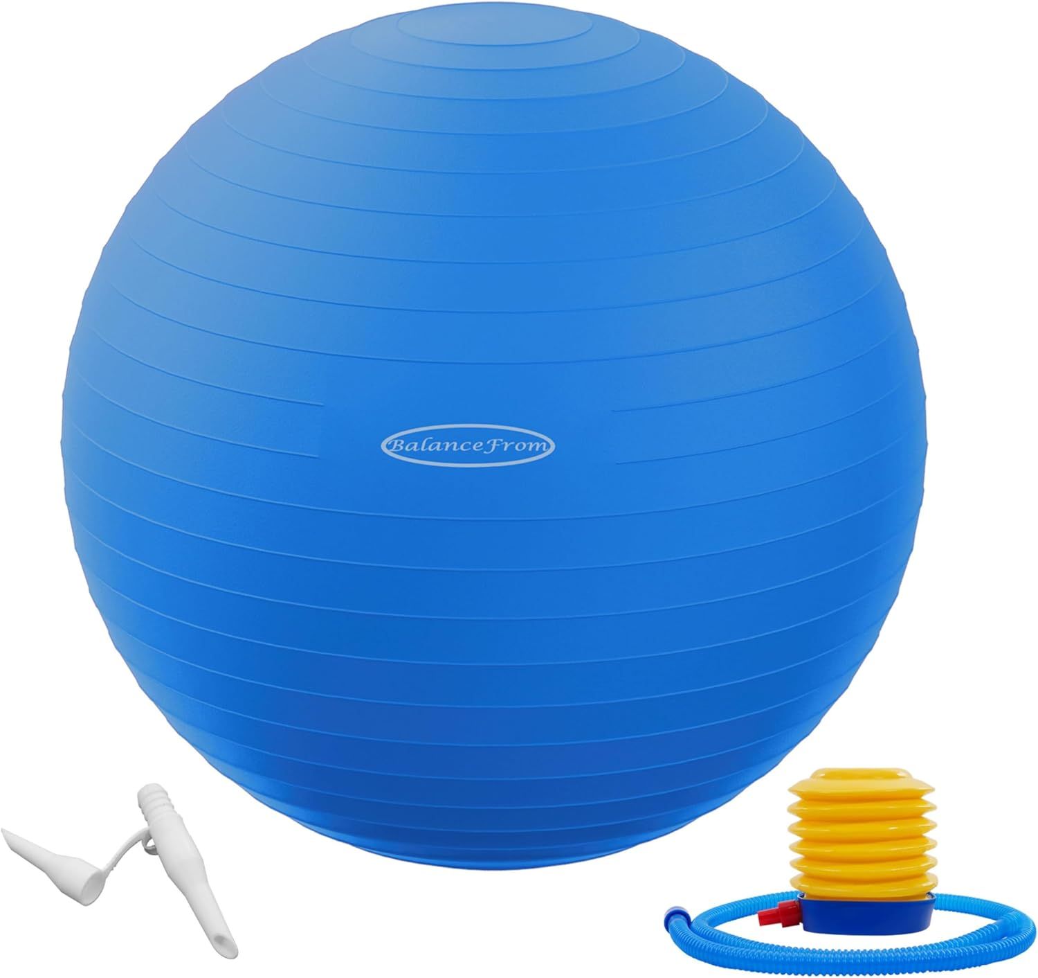 Shows the core product, a blue exercise/stability ball with included pump accessory, clearly displayed on a white background for catalog presentation. Demonstrates that the purchase includes a…