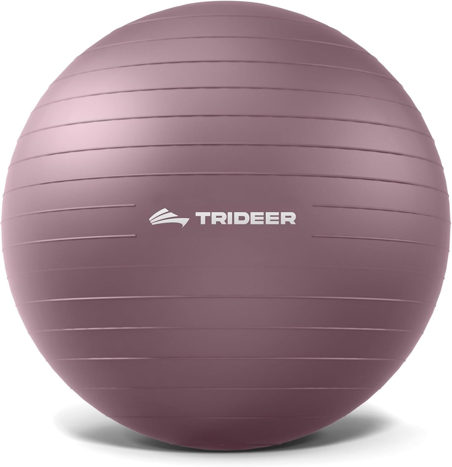 Displays the core product clearly to show shoppers what they are purchasing - a TRIDEER branded exercise/yoga ball in a mauve/dusty rose color. Uses a subtle drop shadow beneath the ball to give the…