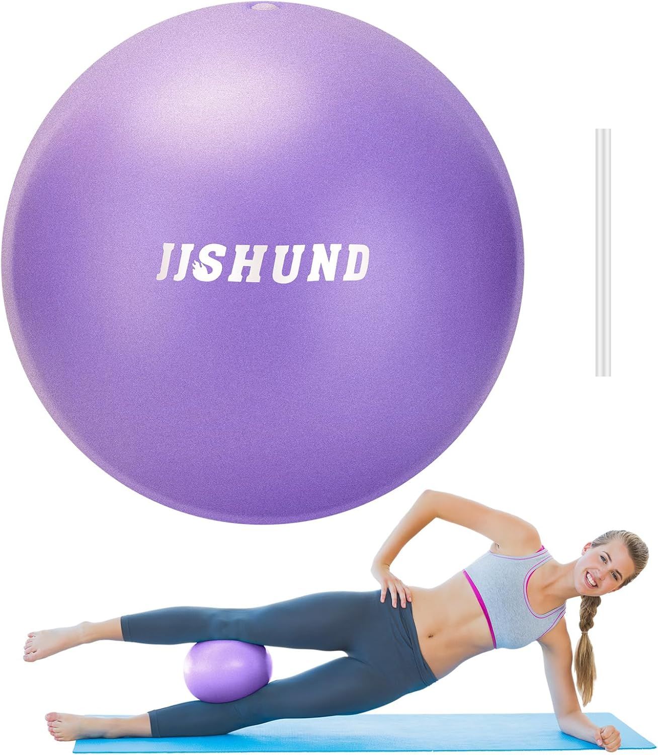 Shows the core product, a purple exercise ball with brand name, alongside the included pump accessory to communicate what the buyer receives. Demonstrates how the exercise ball is used for fitness…