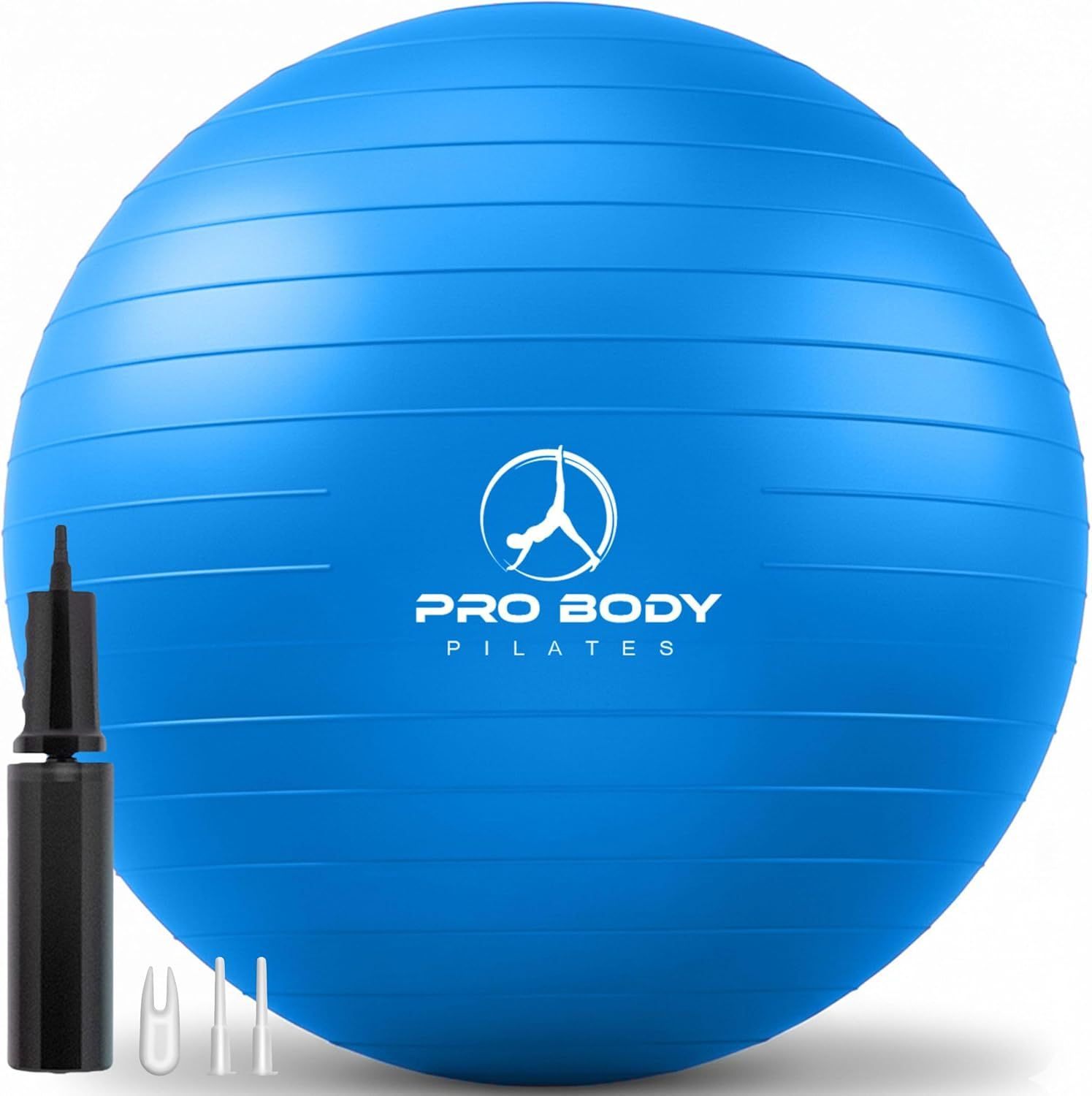 Shows the core product, a Pro Body Pilates exercise ball with included pump, clearly displayed on a clean white background for catalog presentation. Demonstrates that the purchase includes a hand…