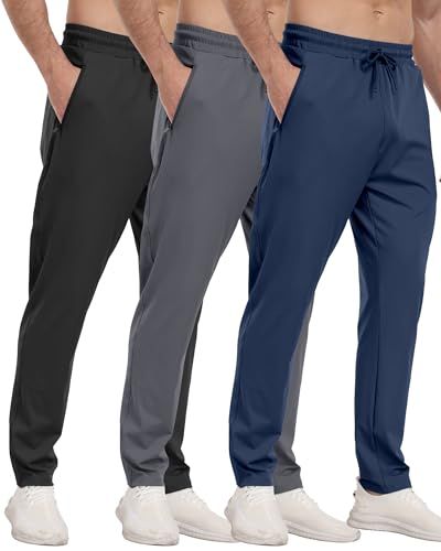 Displays the core product (athletic pants) worn by models to show fit, style, and drape on the body, helping shoppers visualize how the pants will look when worn. Shows three distinct color…