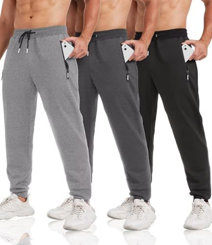 Shows the three available color options (light gray, dark gray, black) to help shoppers choose their preferred variant. Uses human models to demonstrate how the joggers fit on the body and showcases…