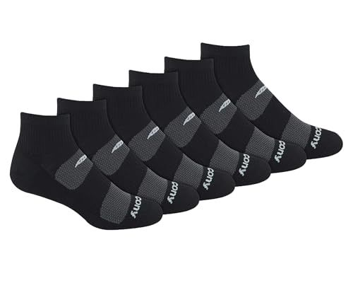 Displays the core product, a 6-pack of black athletic ankle socks with gray arch support, clearly showing what the buyer will receive.