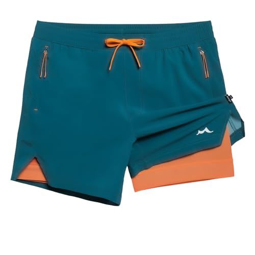 Displays the core product clearly on a white background, showing the athletic shorts with distinctive teal outer layer and orange inner layer, along with functional features like zippered pockets…