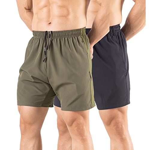 Shows how the shorts fit on real bodies to help shoppers visualize the product's length, fit, and appearance when worn. Displays two color variations (olive green and navy/black) side-by-side to…