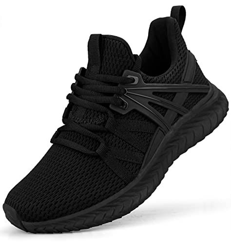 Displays the core product—a black athletic shoe—in a clean, catalog-style presentation to show the shopper the design, mesh texture, lacing system, and overall appearance of the shoe. Uses a subtle…