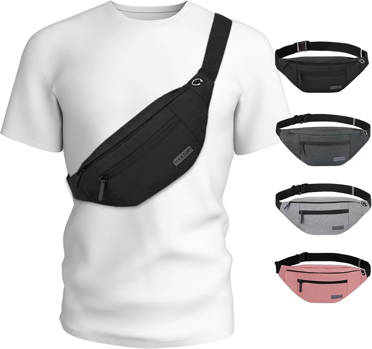 Shows how the fanny pack looks when worn on a person to help shoppers visualize fit, scale, and styling options. Displays multiple color variants available for selection, showing shoppers the range…