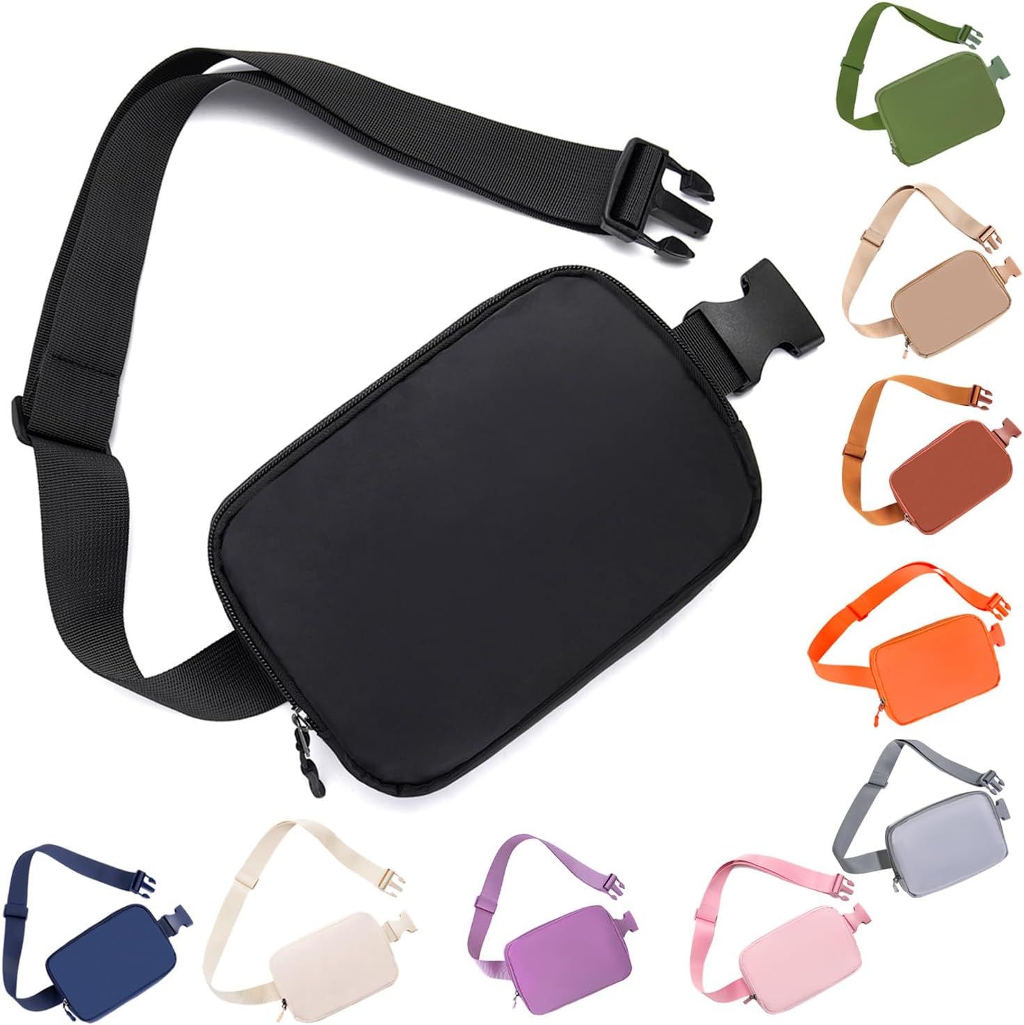 Displays the core product, a black fanny pack with adjustable strap, clearly showing its design and construction to help shoppers understand what they are purchasing. Shows the multiple color…