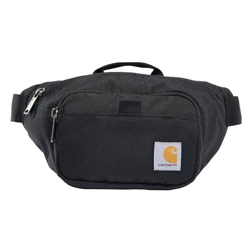 Displays the core product, a black Carhartt fanny pack, in a clean catalog-style presentation to show shoppers the item's appearance, size, and brand identity. Shows the Carhartt brand label patch…