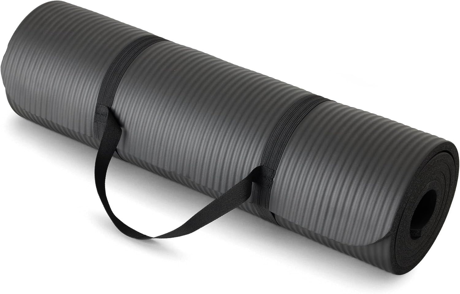 Shows the core product clearly on a white background to communicate what the shopper is purchasing: a rolled exercise mat with integrated carrying straps for portability. Uses a subtle drop shadow…