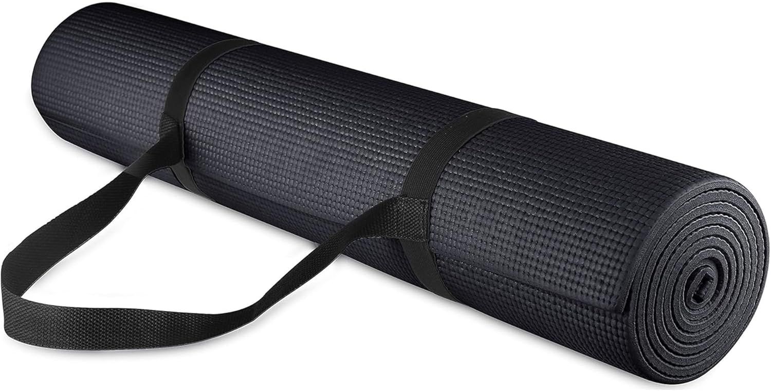 Shows the core product, a rolled yoga or exercise mat with textured surface and integrated carrying strap, to communicate what the buyer will receive. Uses a subtle drop shadow beneath the mat to…
