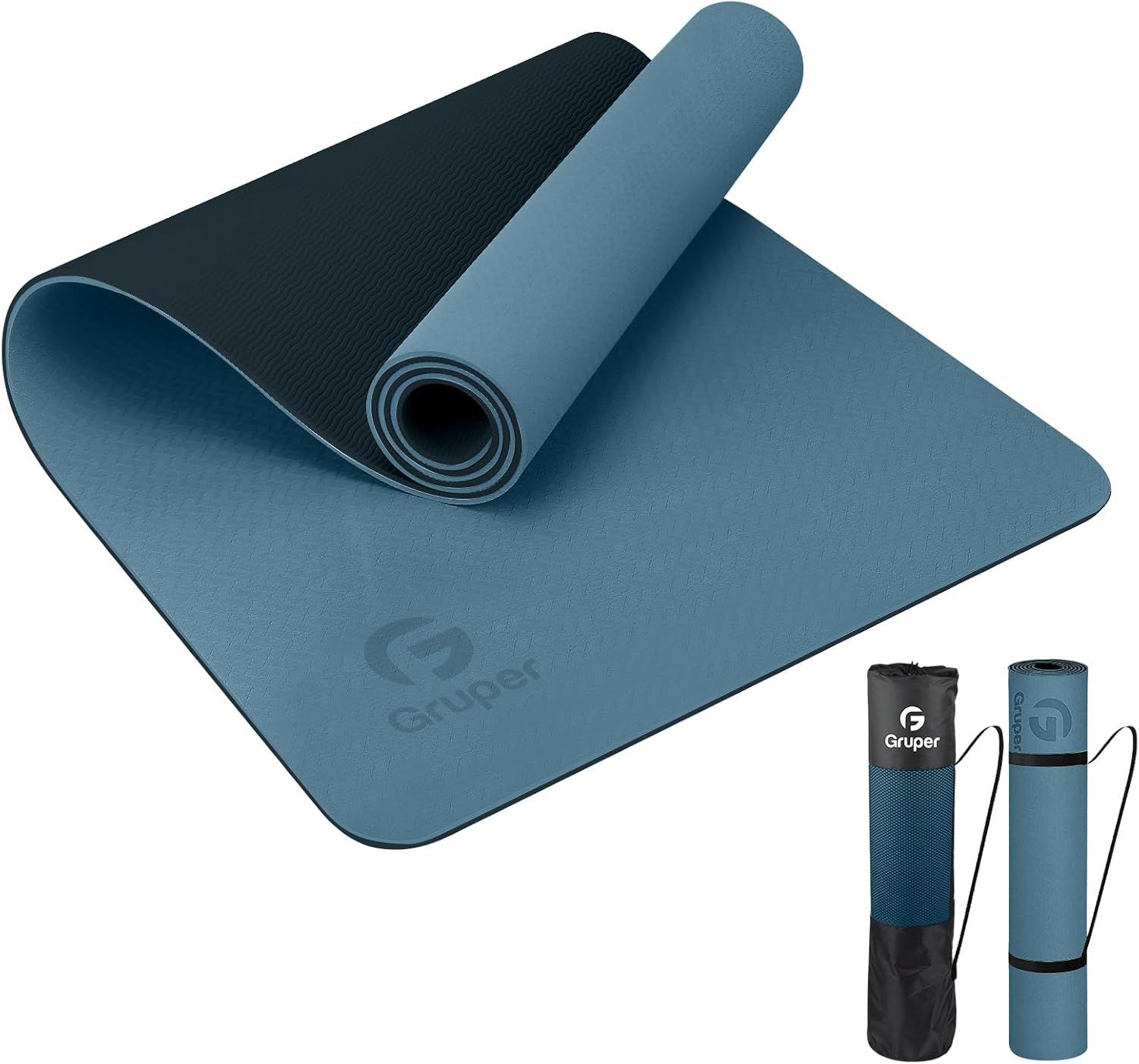 Shows the core product clearly with both sides visible to communicate the dual-sided design and texture options available to the shopper. Demonstrates that the yoga mat comes with included…