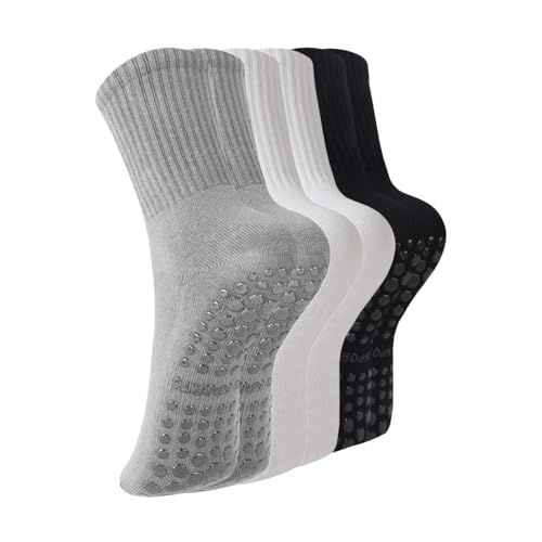 Shows the product is available in multiple color choices (gray, white, black) so shoppers can select their preferred option. Demonstrates the non-slip grip feature on the bottom of the socks to…