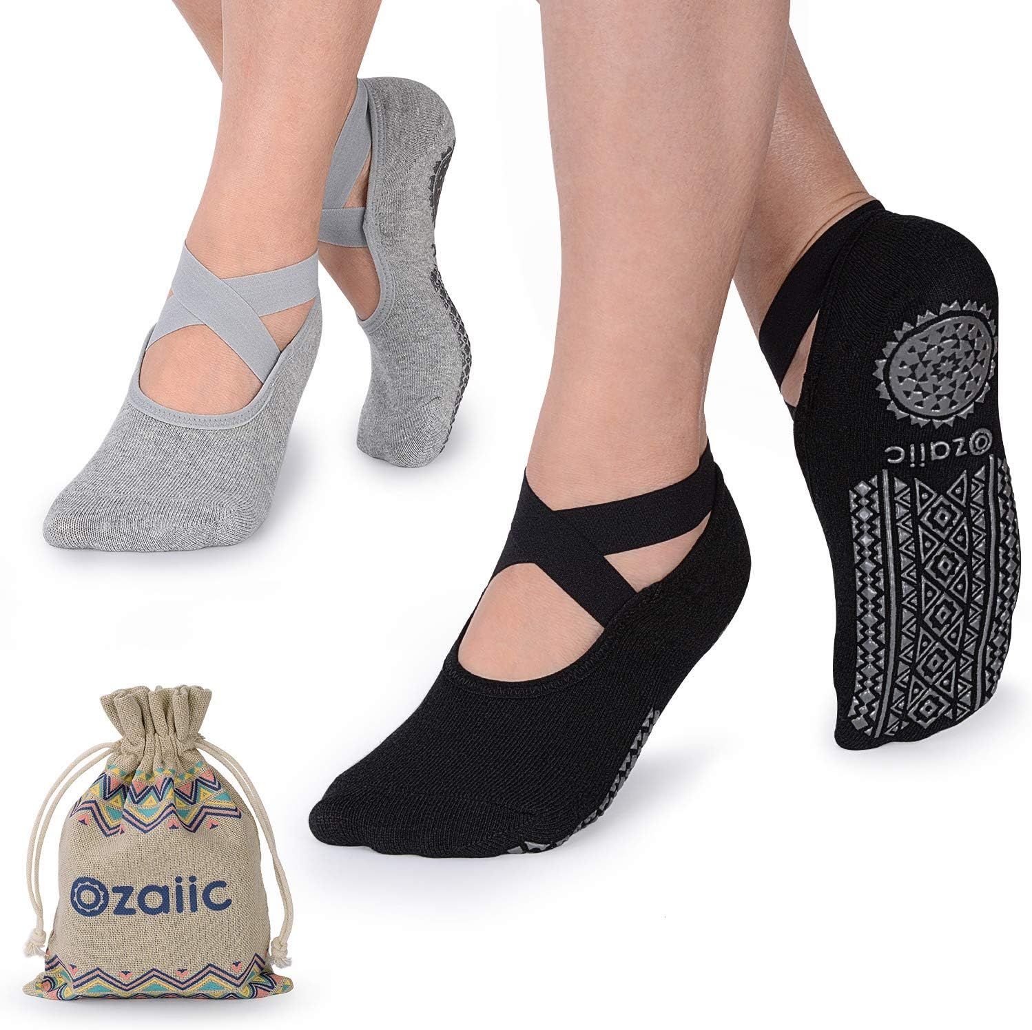 Shows the core product—yoga/pilates grip socks—being worn by a model to demonstrate fit, style, and the non-slip sole feature. Communicates that the socks are designed for secure footing during…